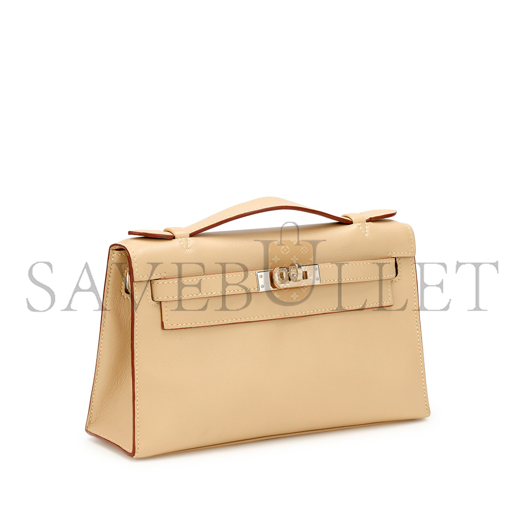 HERMÈS PARCHEMIN SWIFT KELLY POCHETTE PALLADIUM HARDWARE (22*14*7cm) 